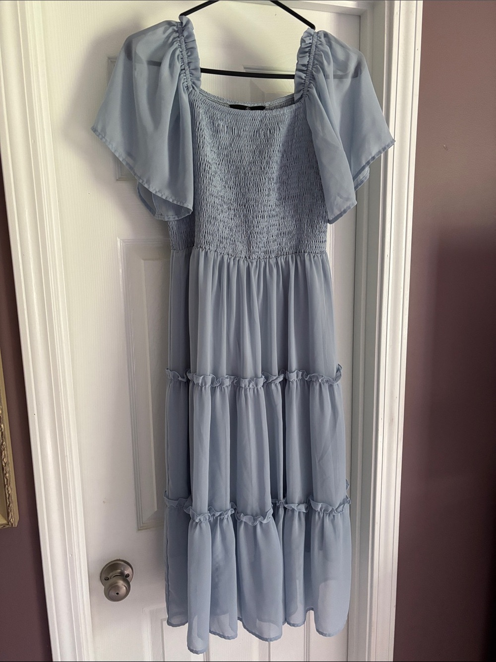 Light Blue Smocked Tiered Midi Dress with Flutter Sleeves